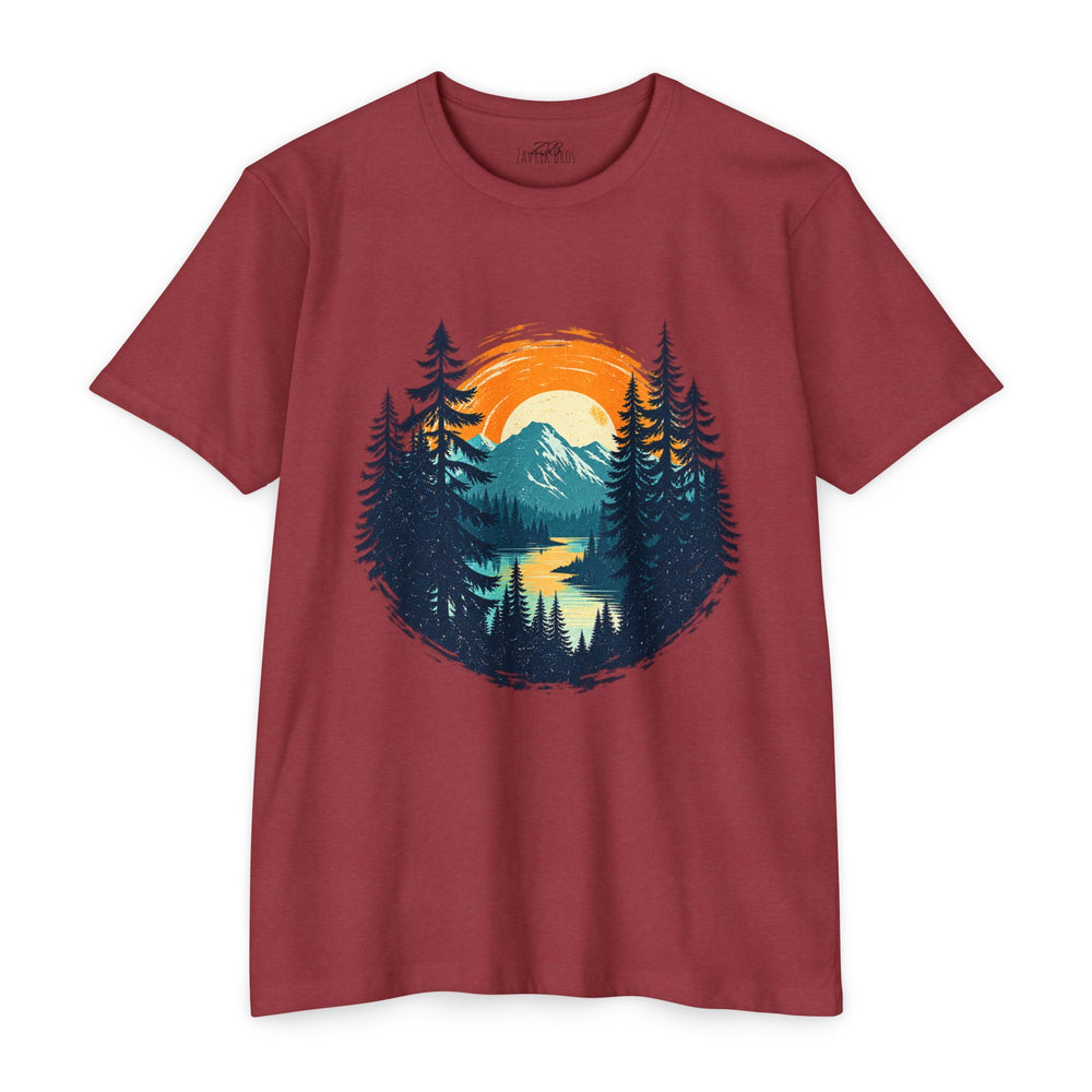 Sunset Mountain Lake T-Shirt — Retro Forest Camping Graphic Tee