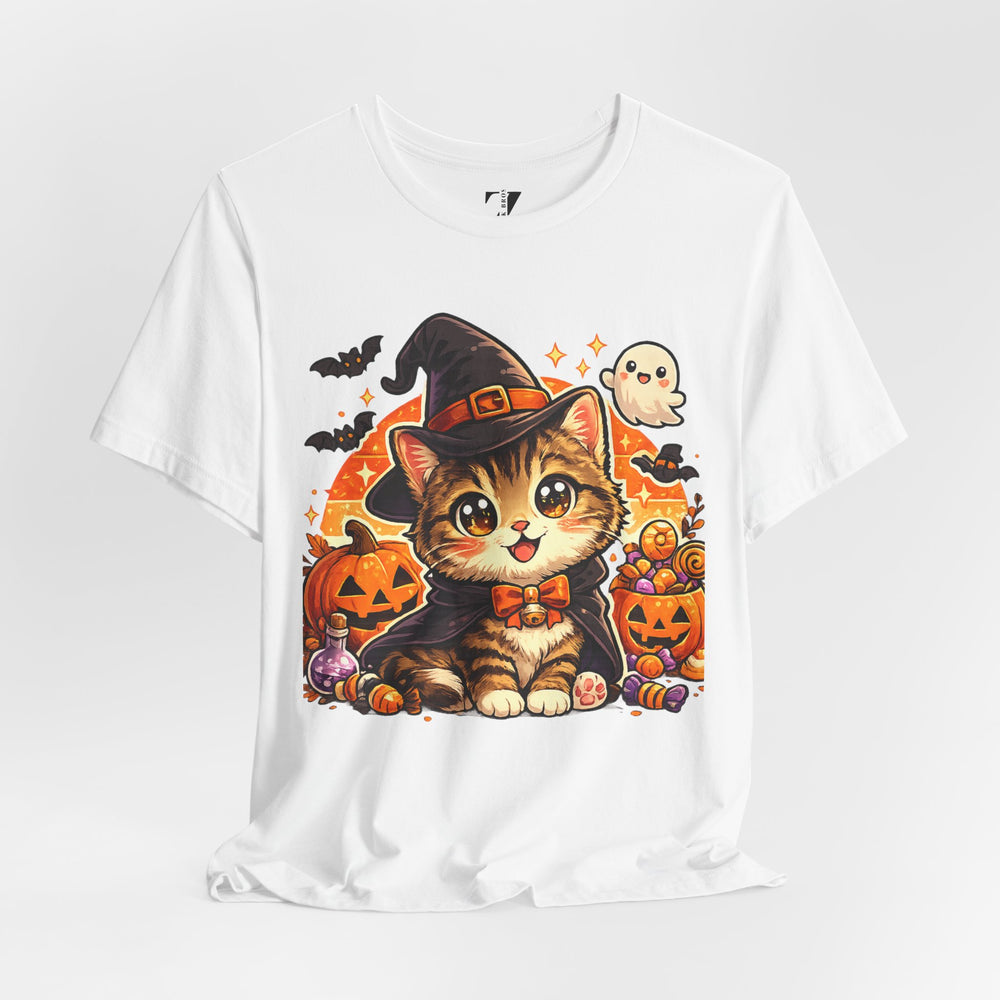 Halloween Kitten T-Shirt — Cute Cat in Witch Hat with Pumpkins & Ghost