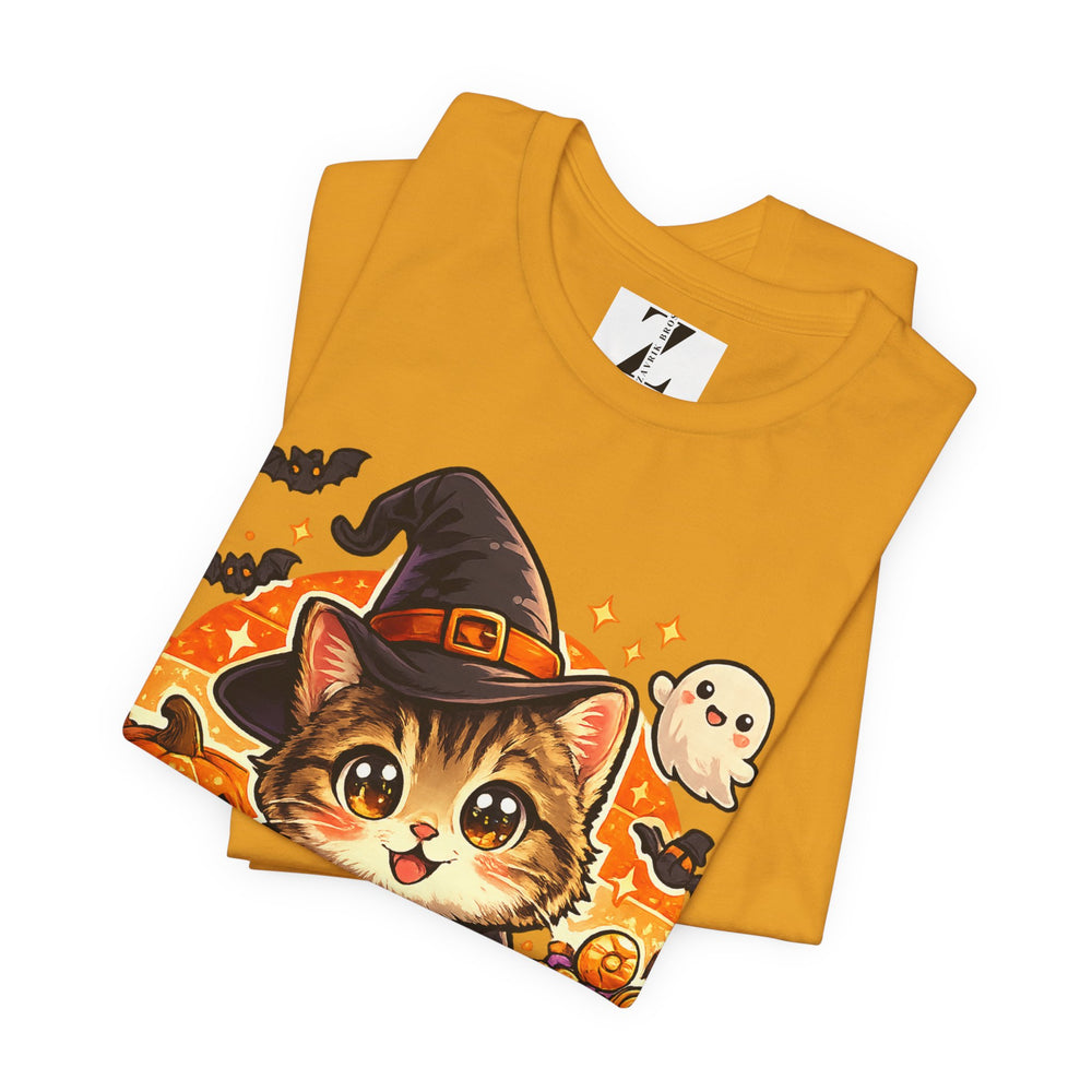 Halloween Kitten T-Shirt — Cute Cat in Witch Hat with Pumpkins & Ghost