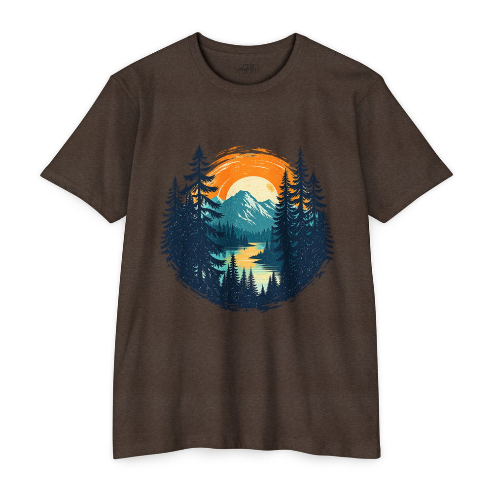 Sunset Mountain Lake T-Shirt — Retro Forest Camping Graphic Tee