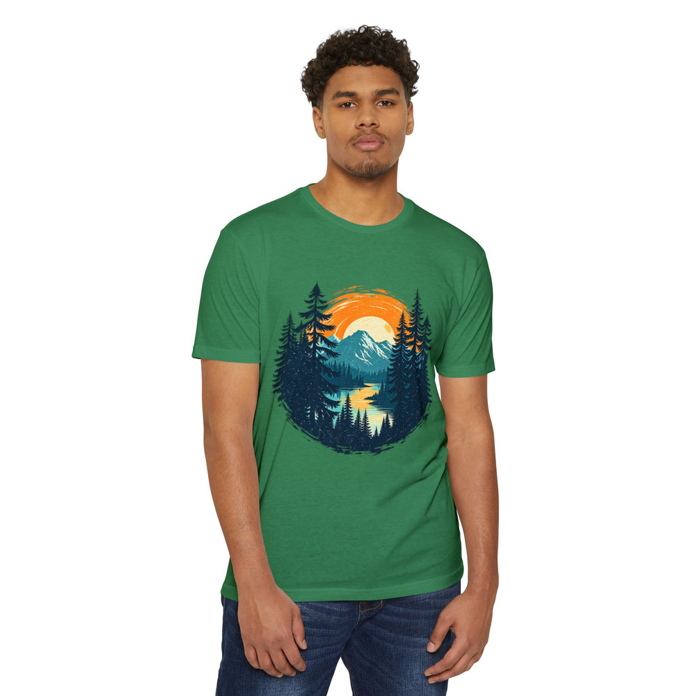 Sunset Mountain Lake T-Shirt — Retro Forest Camping Graphic Tee