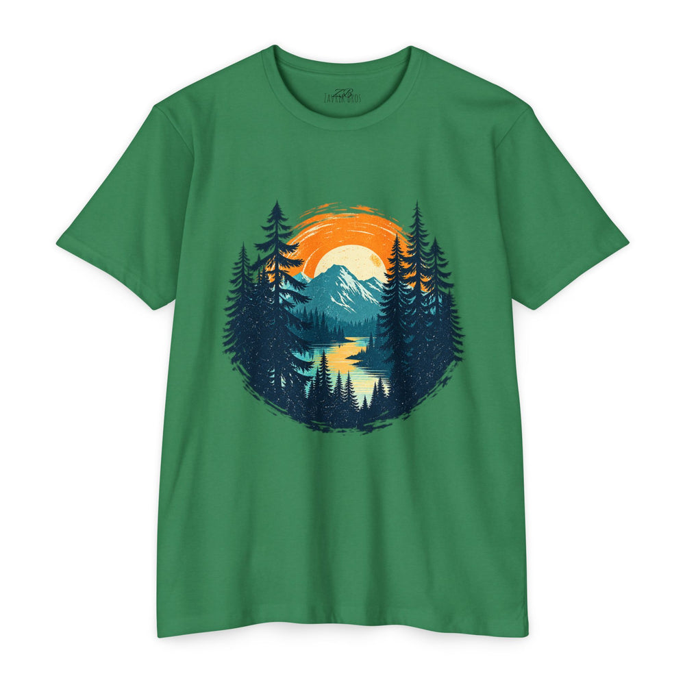 Sunset Mountain Lake T-Shirt — Retro Forest Camping Graphic Tee