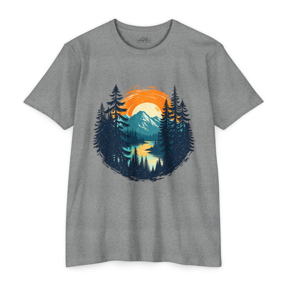Sunset Mountain Lake T-Shirt — Retro Forest Camping Graphic Tee