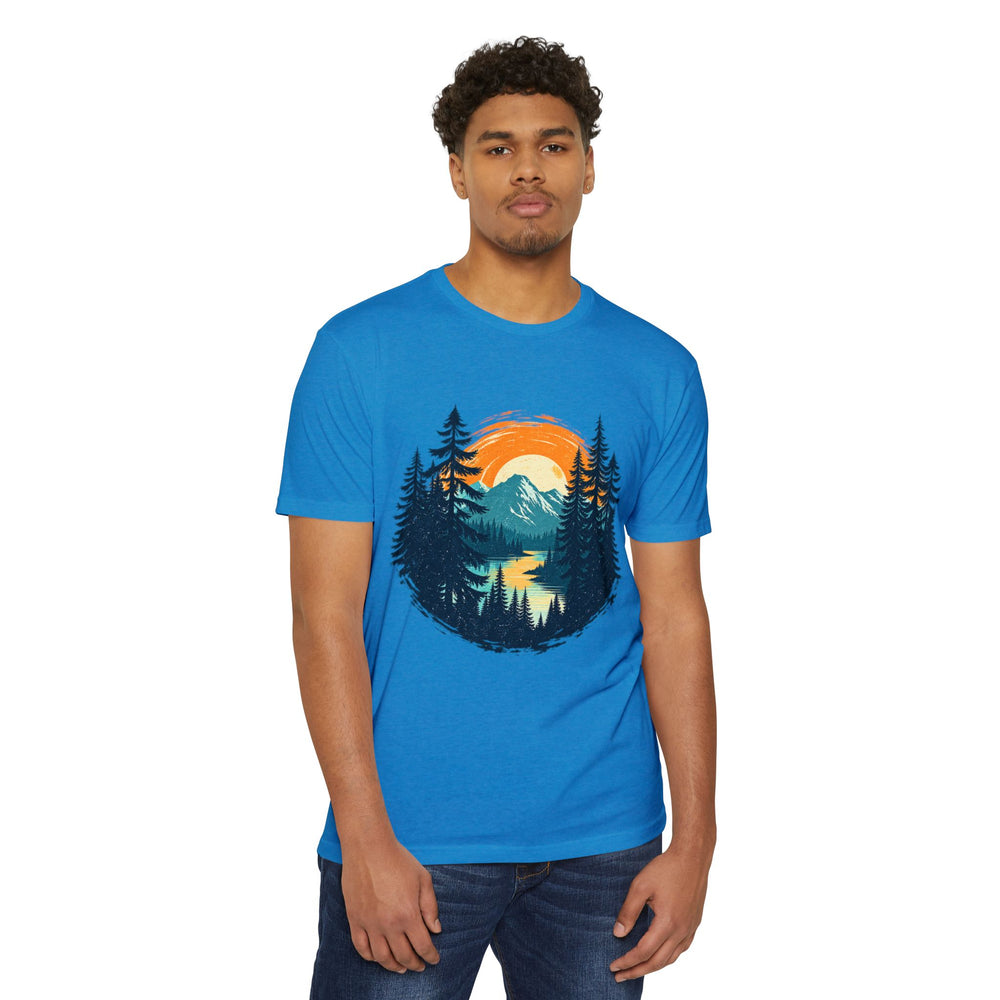 Sunset Mountain Lake T-Shirt — Retro Forest Camping Graphic Tee