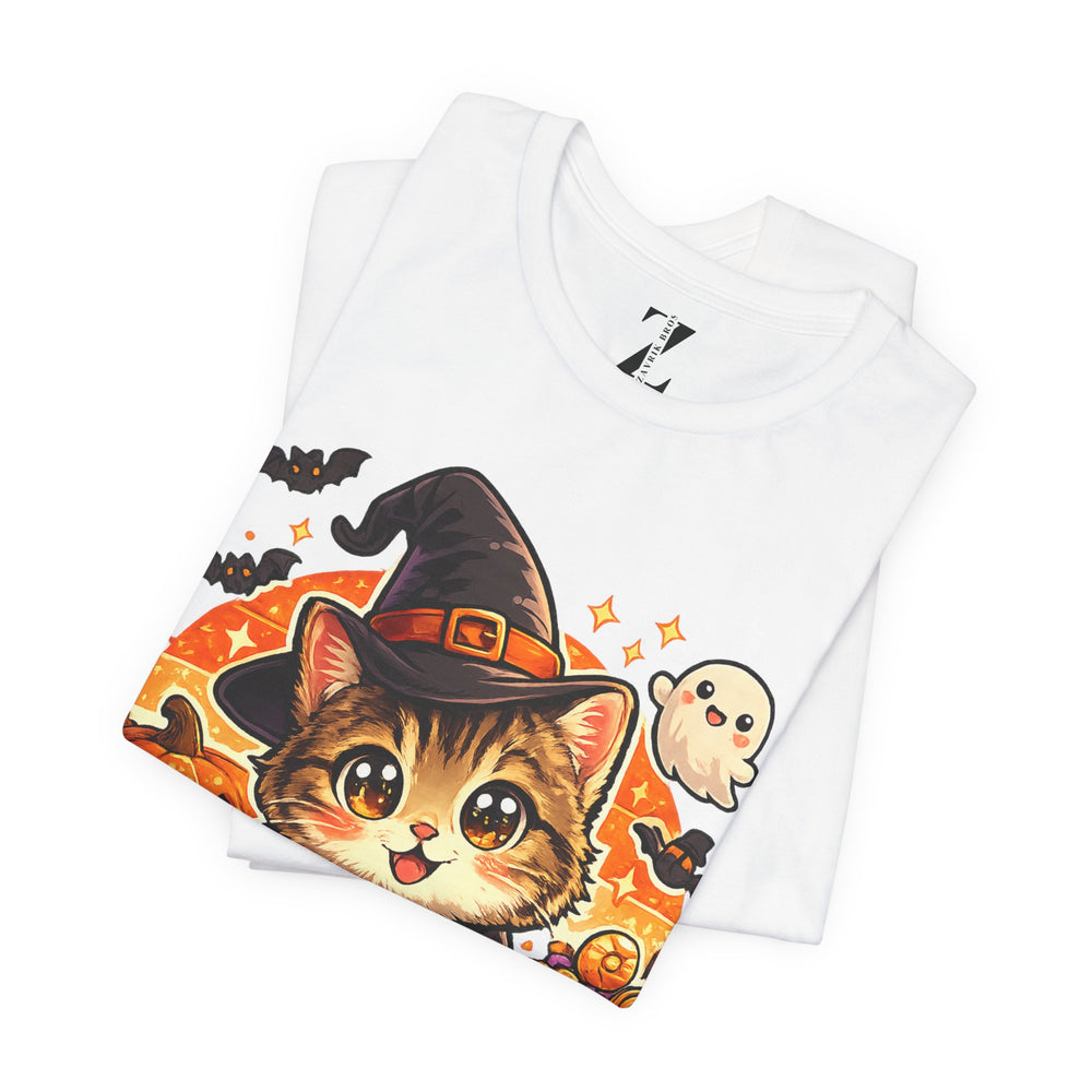 Halloween Kitten T-Shirt — Cute Cat in Witch Hat with Pumpkins & Ghost