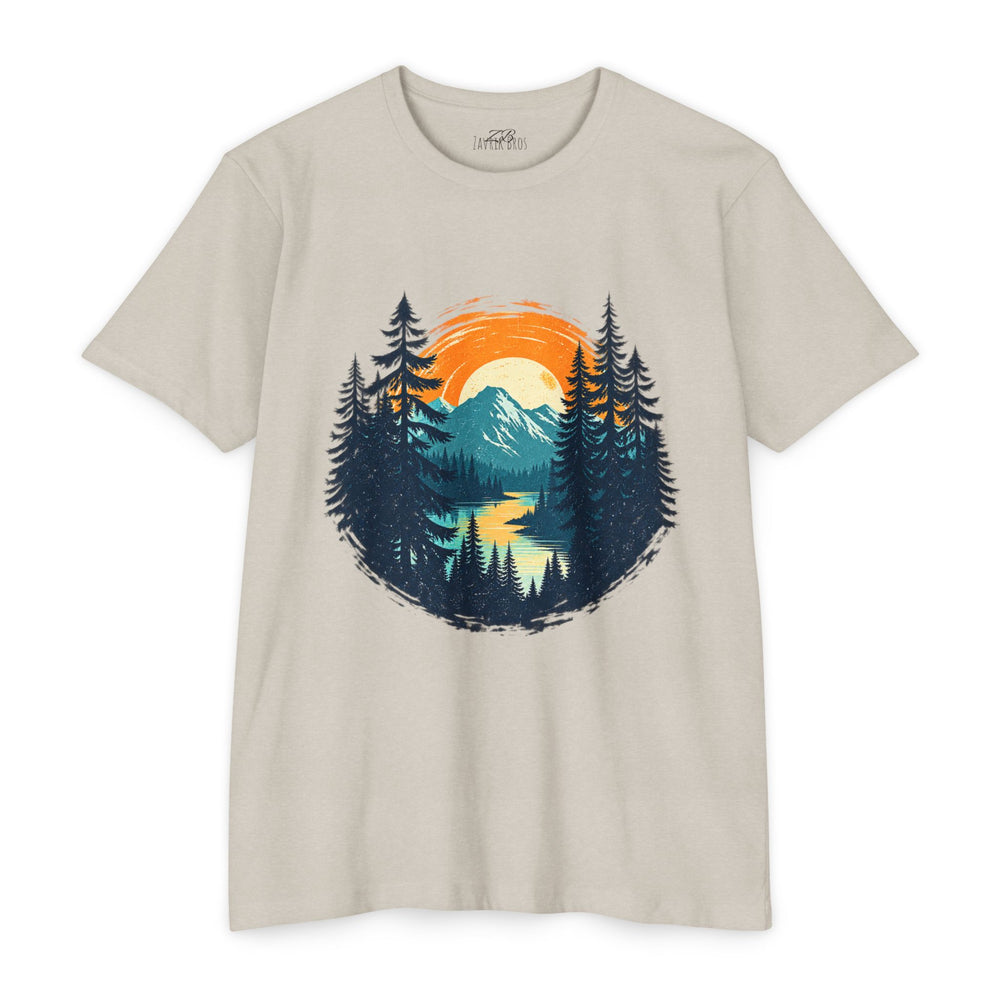 Sunset Mountain Lake T-Shirt — Retro Forest Camping Graphic Tee