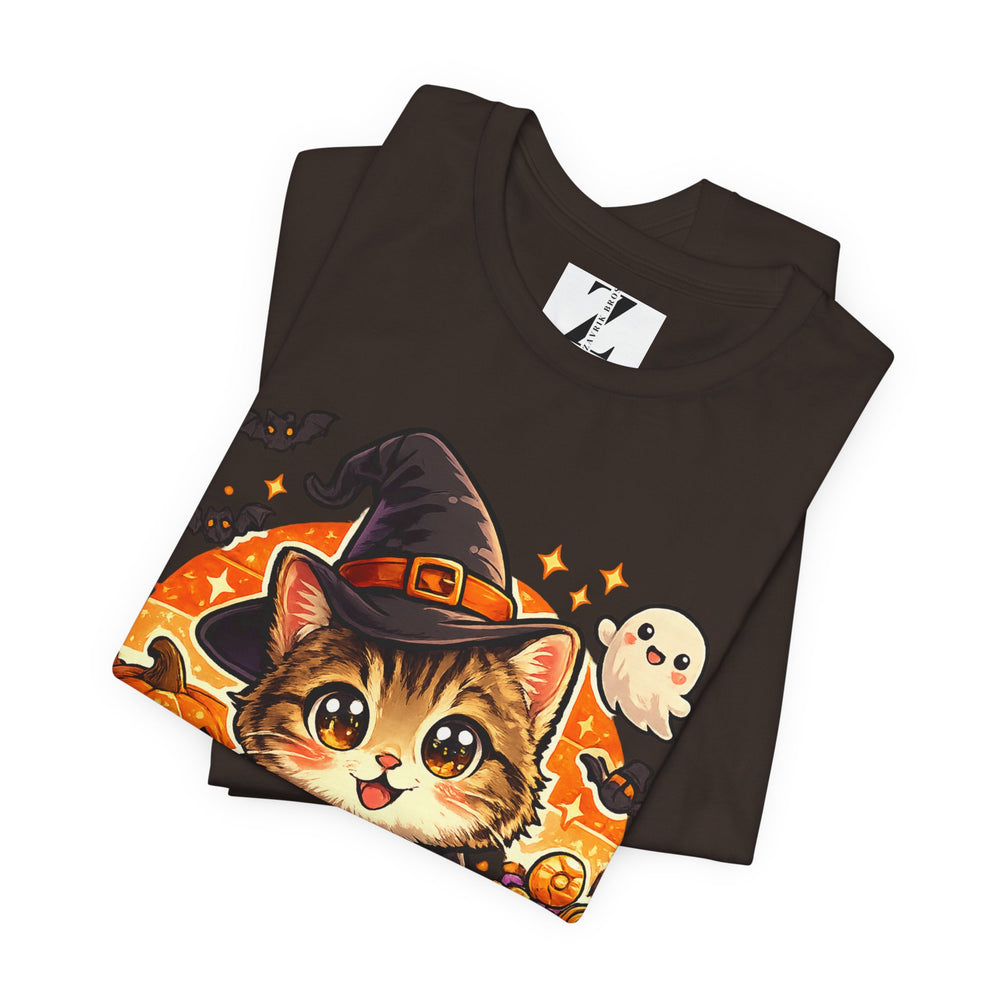 Halloween Kitten T-Shirt — Cute Cat in Witch Hat with Pumpkins & Ghost