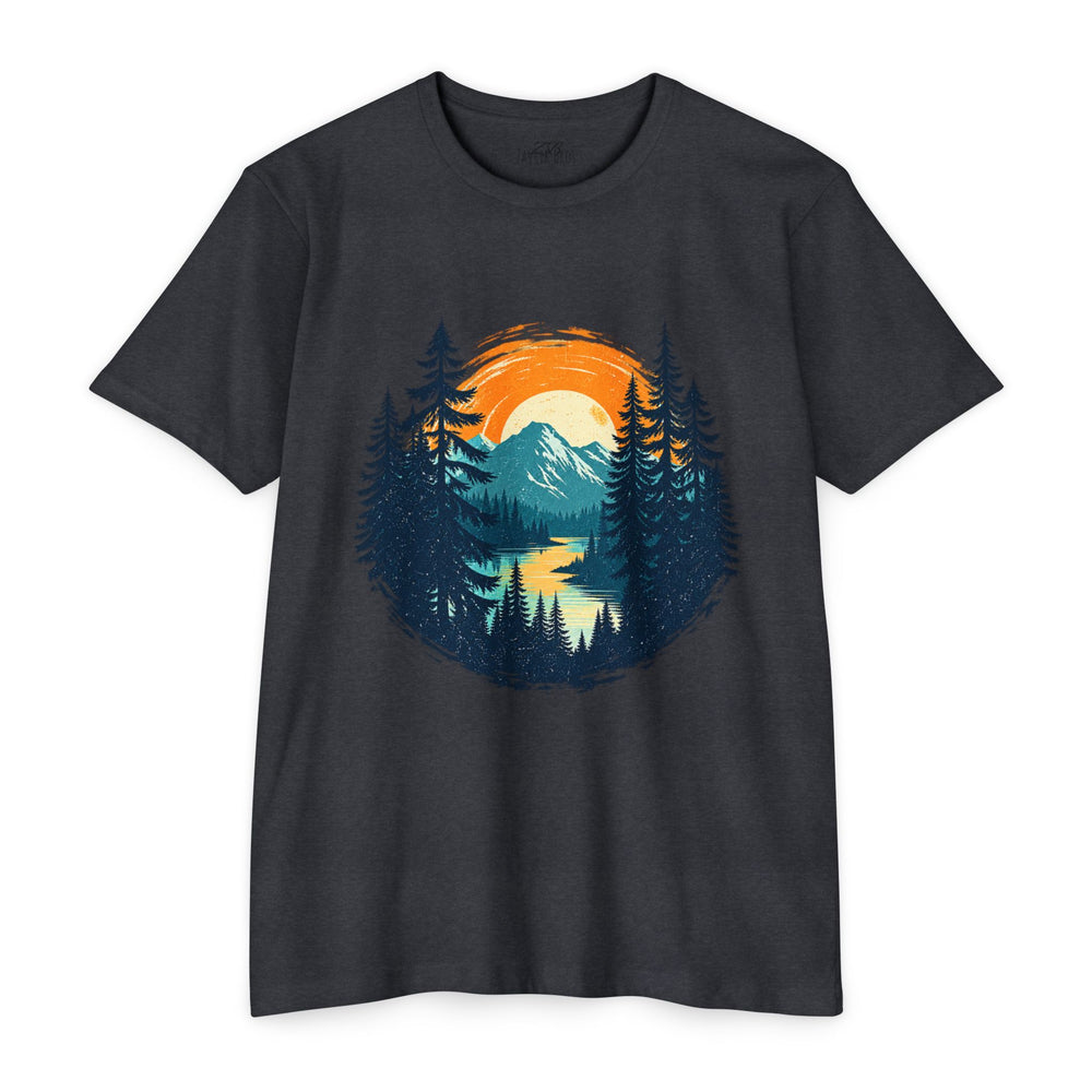 Sunset Mountain Lake T-Shirt — Retro Forest Camping Graphic Tee