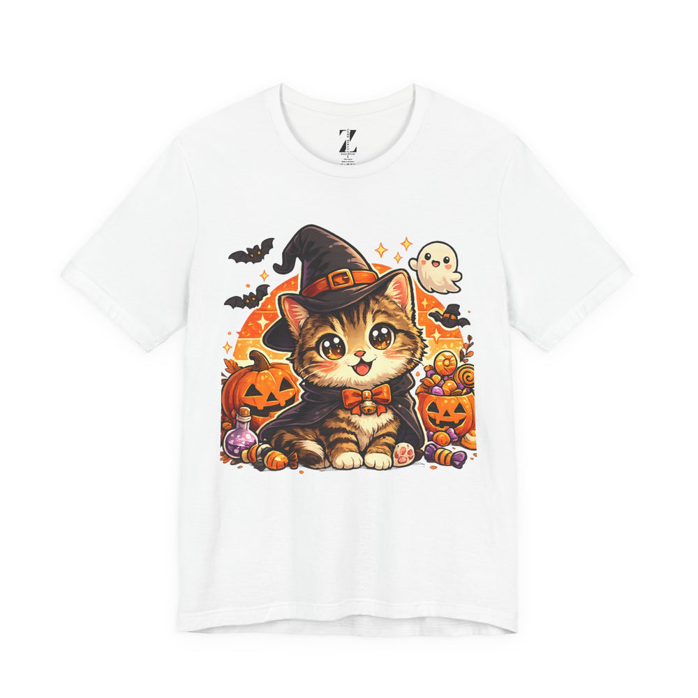 Halloween Kitten T-Shirt — Cute Cat in Witch Hat with Pumpkins & Ghost
