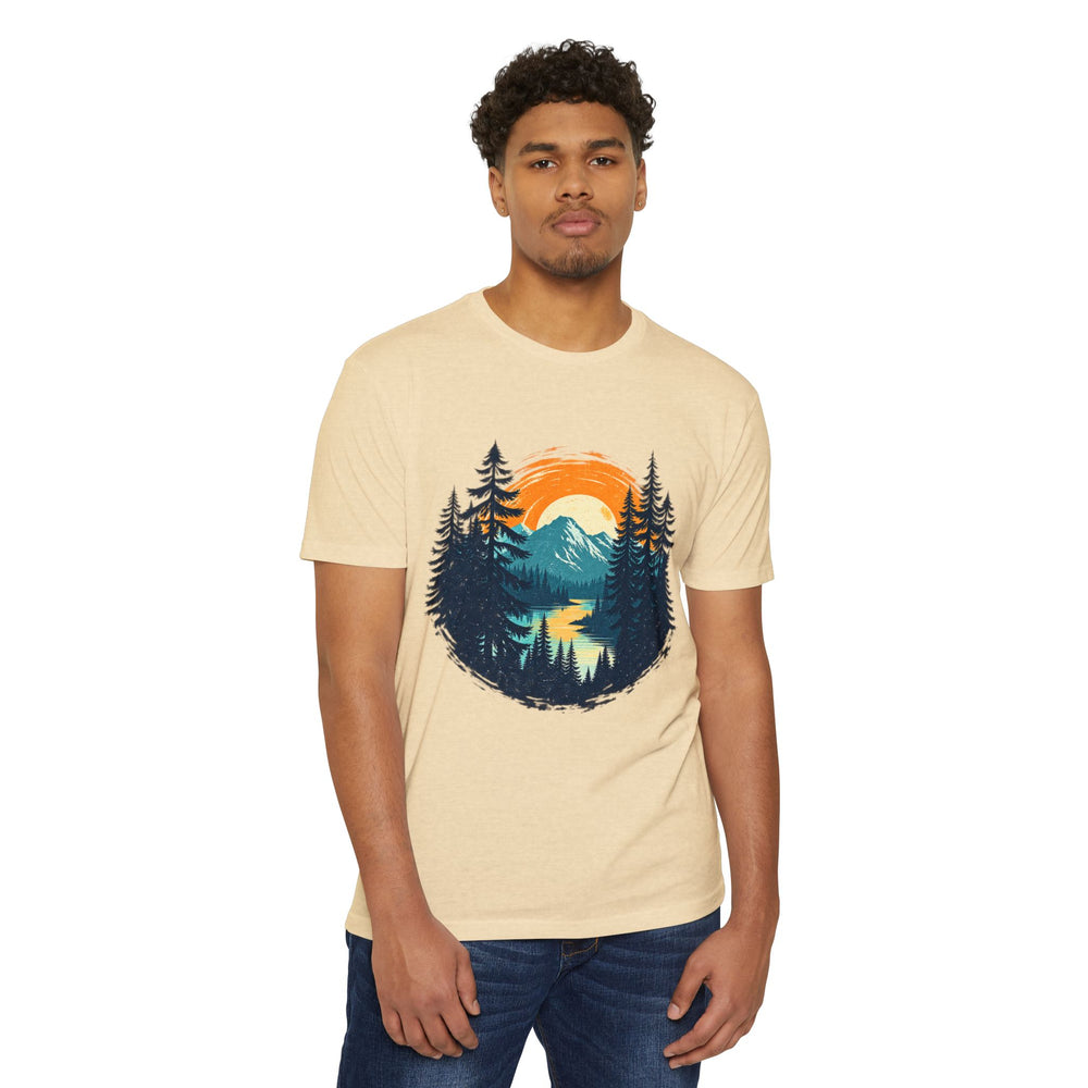Sunset Mountain Lake T-Shirt — Retro Forest Camping Graphic Tee