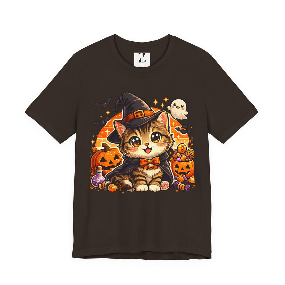 Halloween Kitten T-Shirt — Cute Cat in Witch Hat with Pumpkins & Ghost