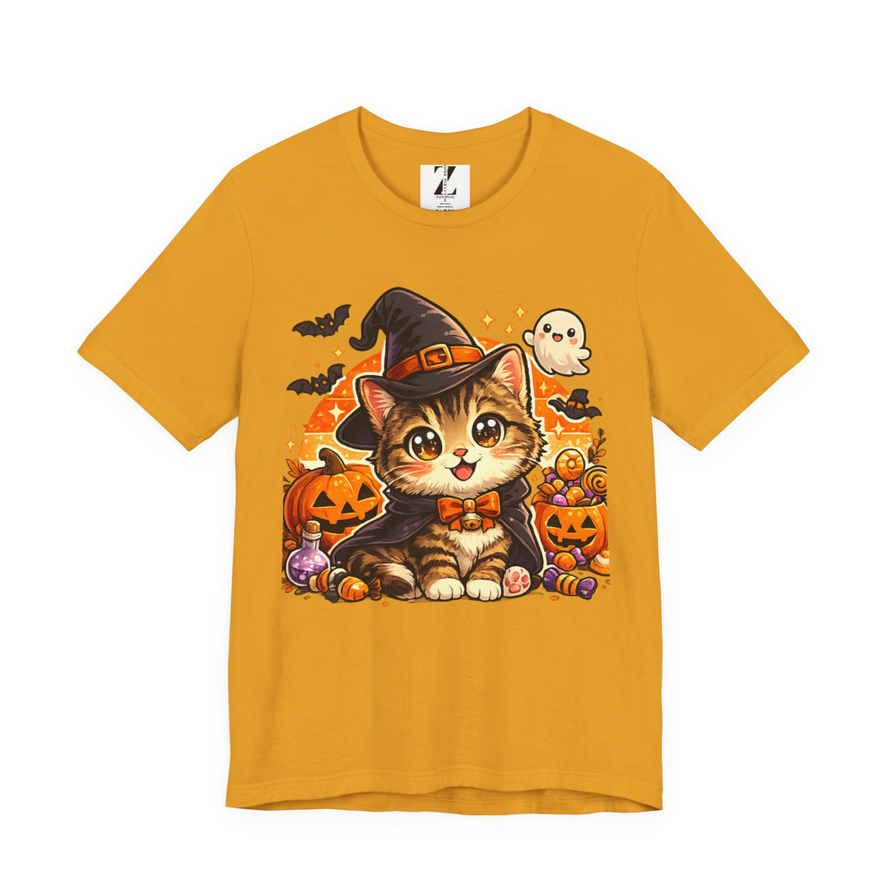 Halloween Kitten T-Shirt — Cute Cat in Witch Hat with Pumpkins & Ghost
