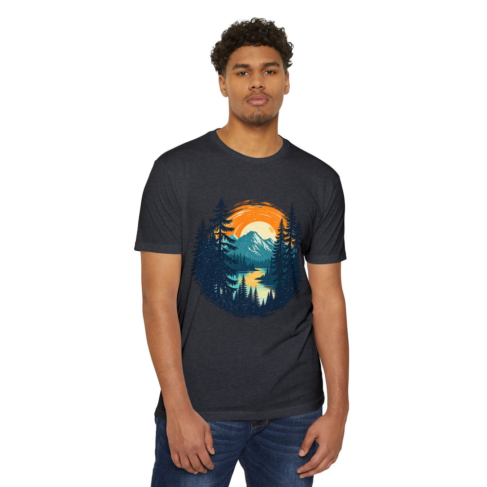 Sunset Mountain Lake T-Shirt — Retro Forest Camping Graphic Tee