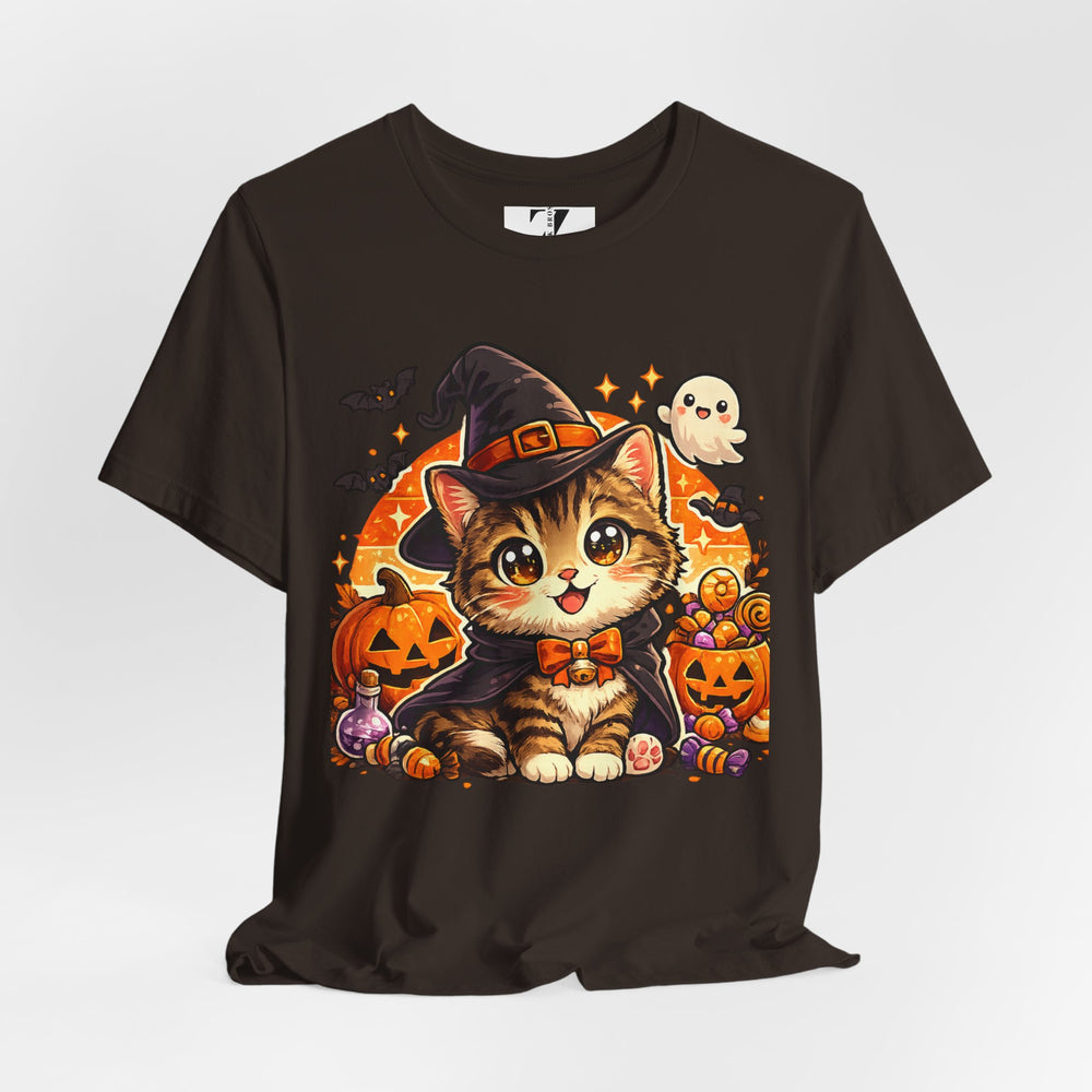Halloween Kitten T-Shirt — Cute Cat in Witch Hat with Pumpkins & Ghost