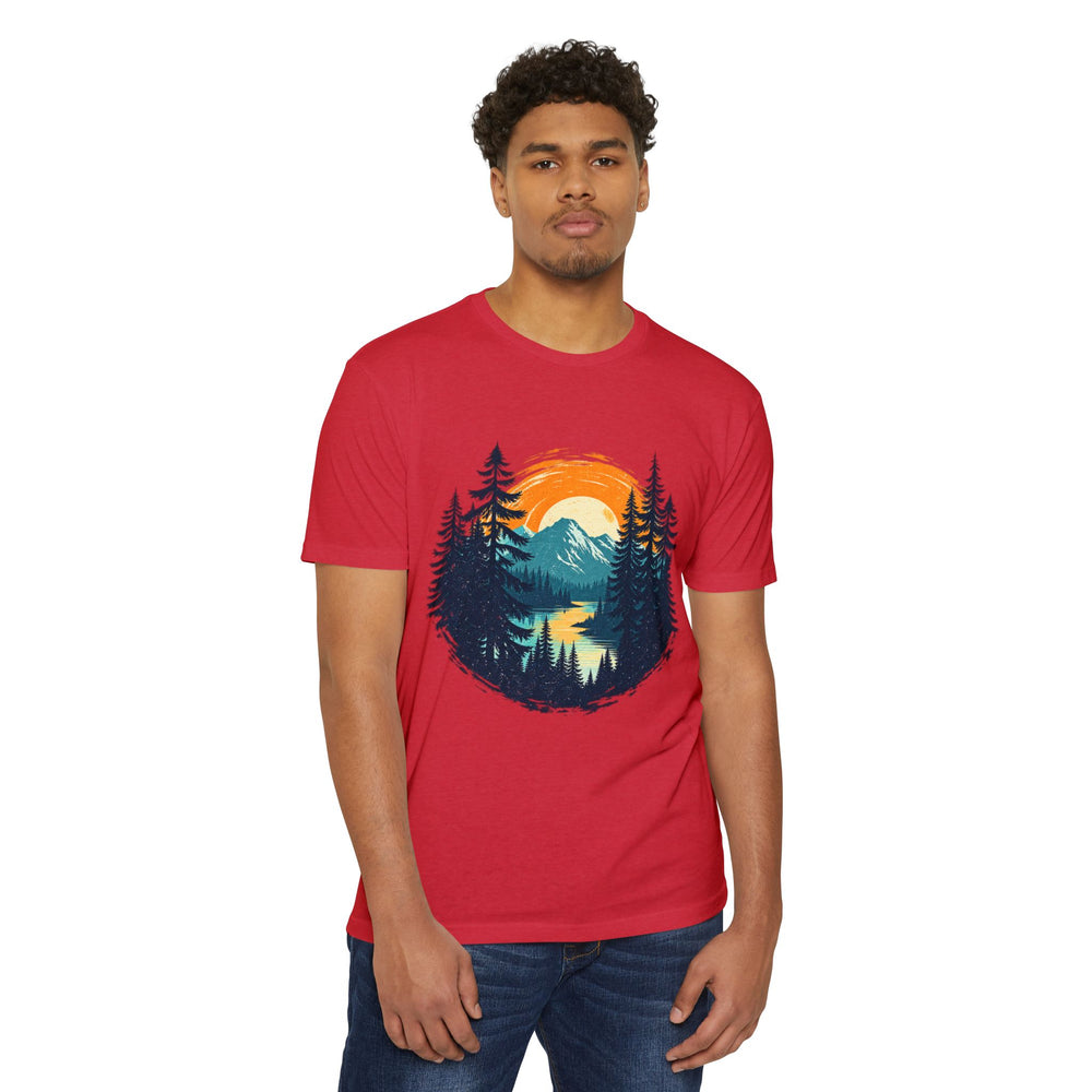 Sunset Mountain Lake T-Shirt — Retro Forest Camping Graphic Tee