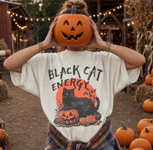 Black Cat Energy Tee — Halloween Pumpkin Graphic T-Shirt