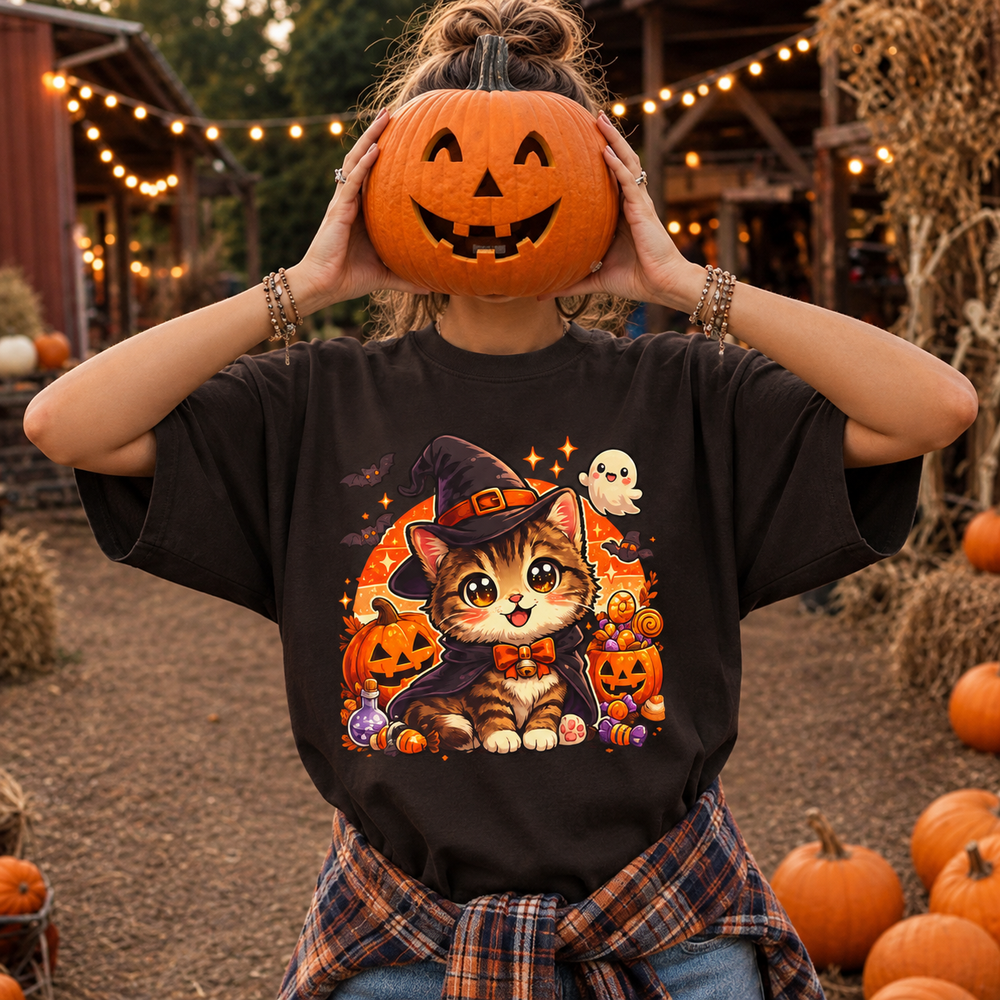 Halloween Kitten T-Shirt — Cute Cat in Witch Hat with Pumpkins & Ghost
