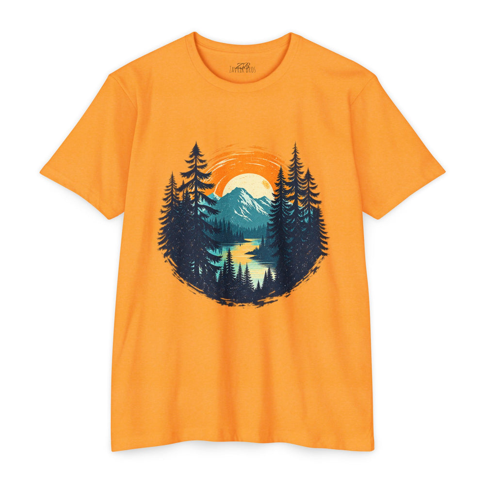 Sunset Mountain Lake T-Shirt — Retro Forest Camping Graphic Tee