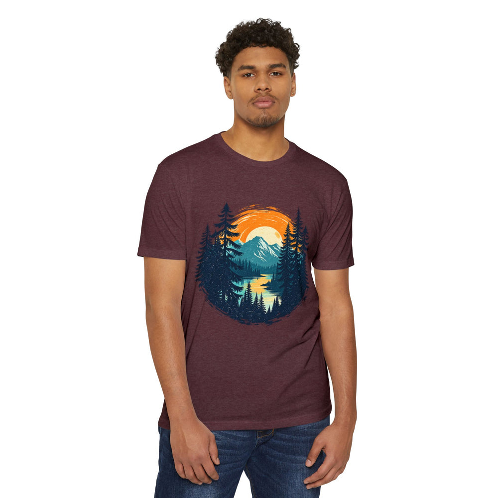 Sunset Mountain Lake T-Shirt — Retro Forest Camping Graphic Tee