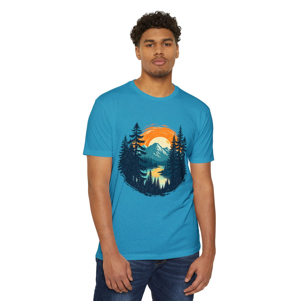 Sunset Mountain Lake T-Shirt — Retro Forest Camping Graphic Tee