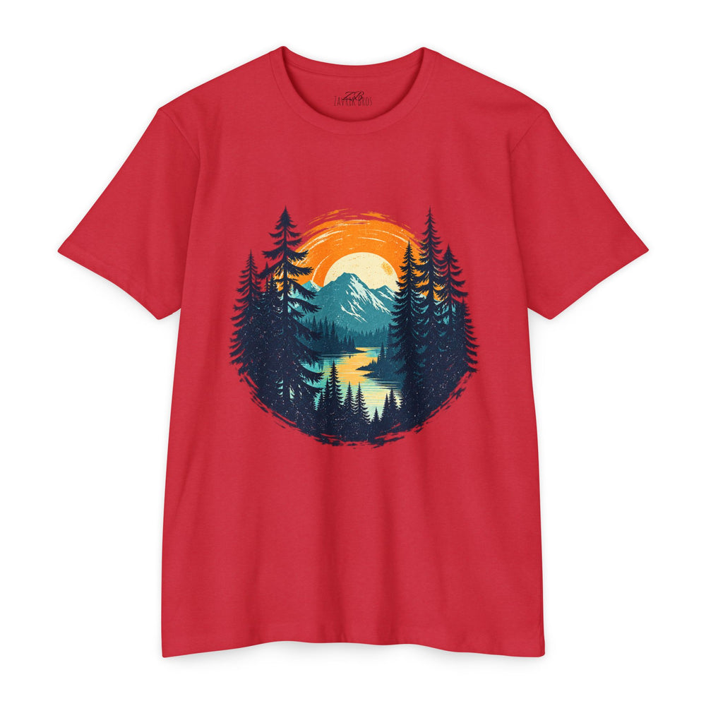 Sunset Mountain Lake T-Shirt — Retro Forest Camping Graphic Tee