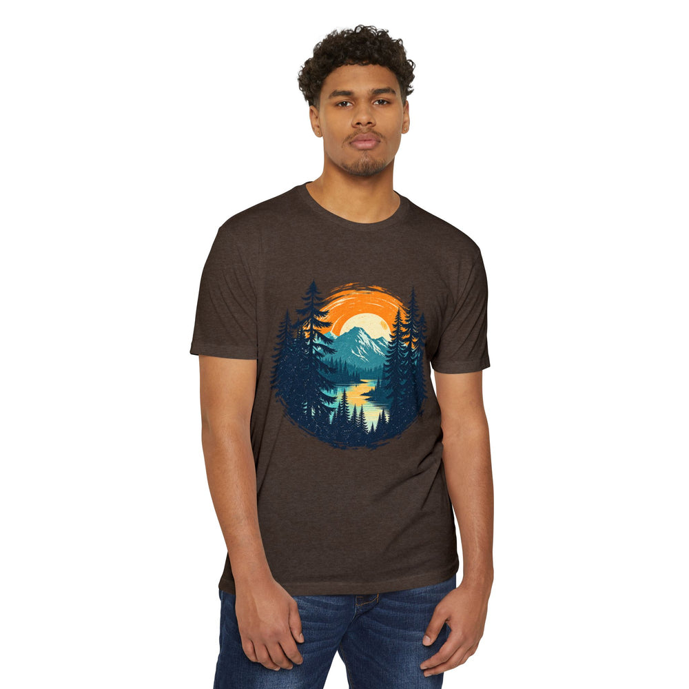 Sunset Mountain Lake T-Shirt — Retro Forest Camping Graphic Tee