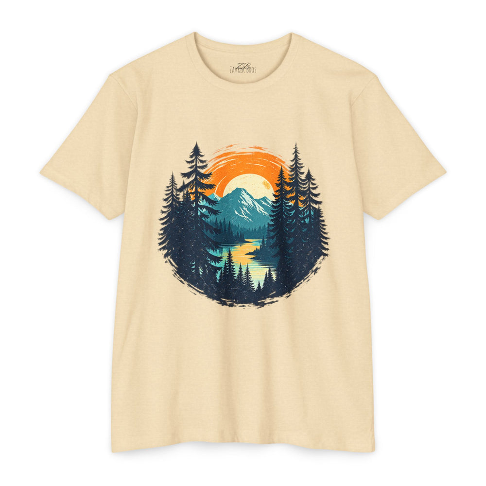 Sunset Mountain Lake T-Shirt — Retro Forest Camping Graphic Tee