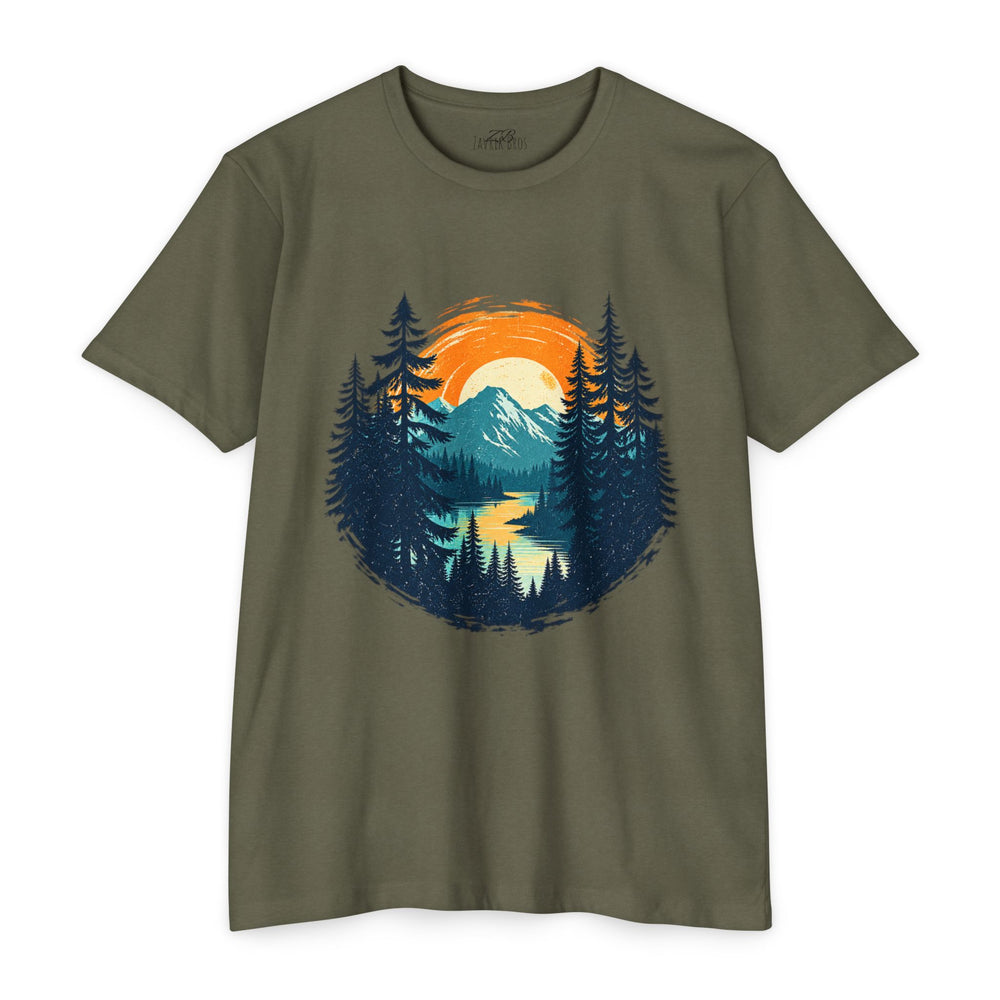 Sunset Mountain Lake T-Shirt — Retro Forest Camping Graphic Tee