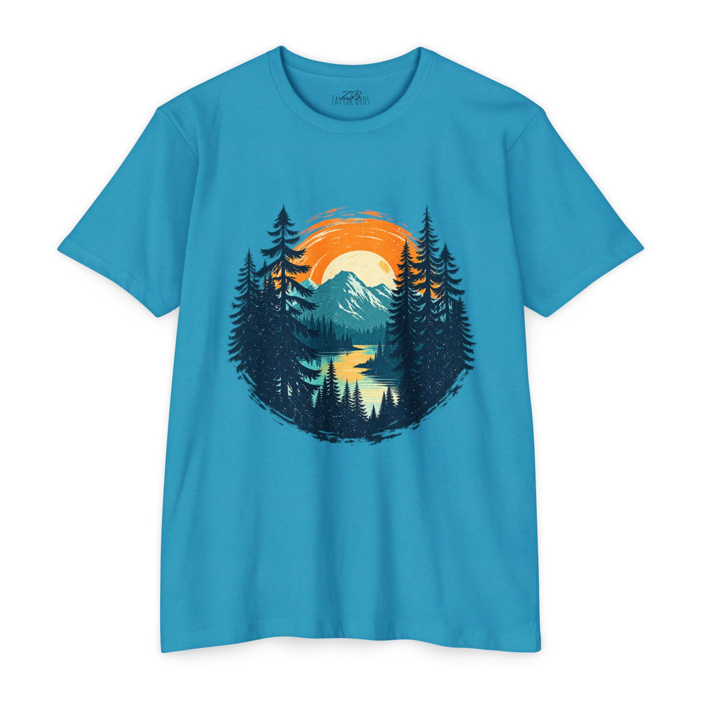 Sunset Mountain Lake T-Shirt — Retro Forest Camping Graphic Tee