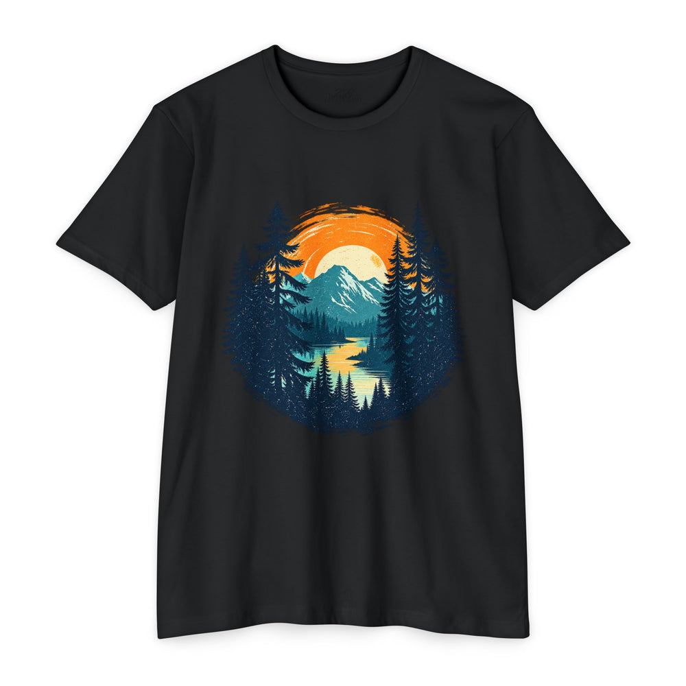 Sunset Mountain Lake T-Shirt — Retro Forest Camping Graphic Tee