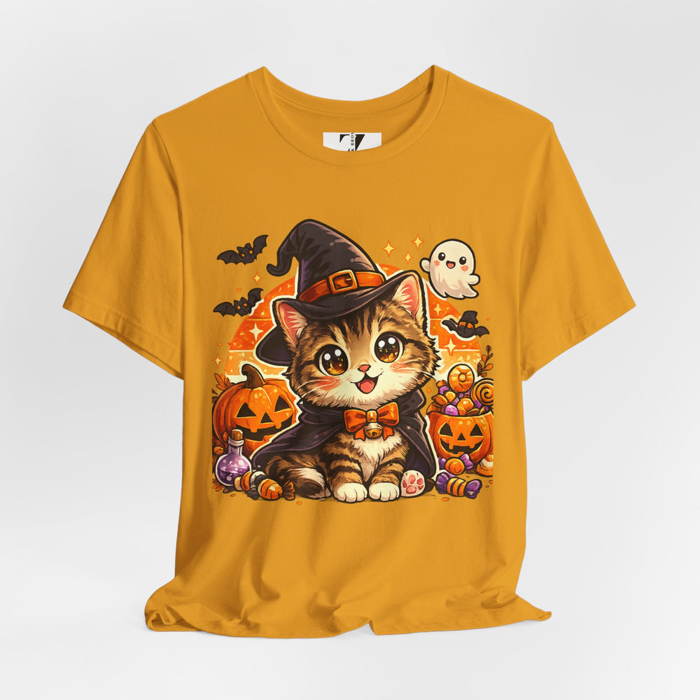 Halloween Kitten T-Shirt — Cute Cat in Witch Hat with Pumpkins & Ghost