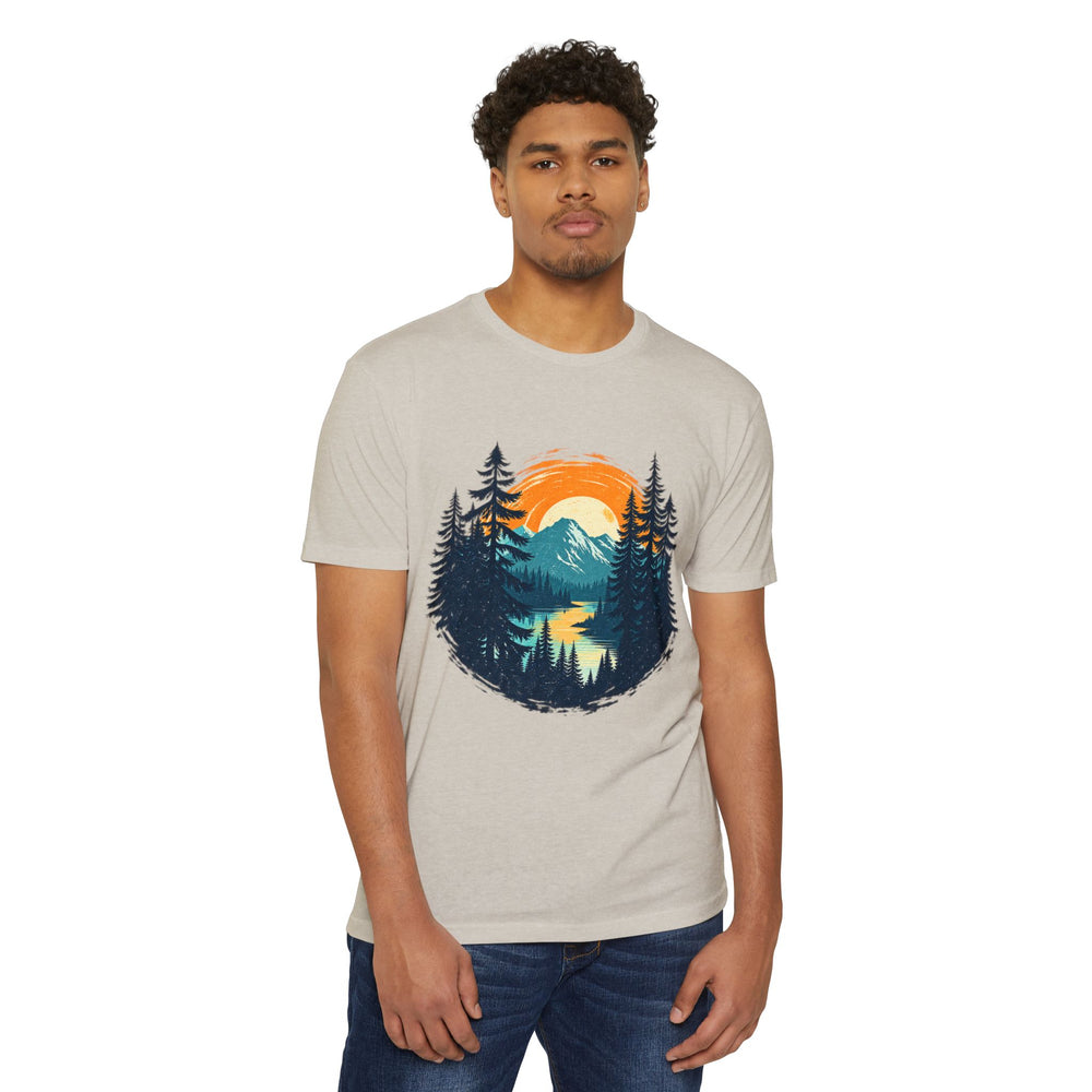 Sunset Mountain Lake T-Shirt — Retro Forest Camping Graphic Tee